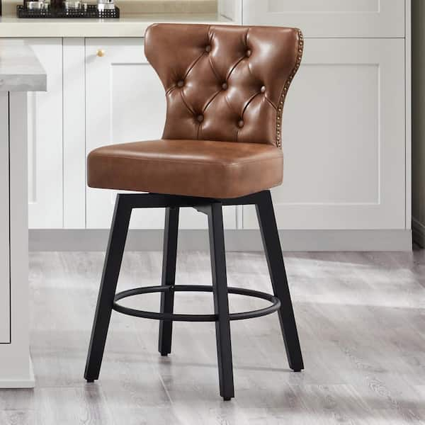 Peregrine 26 in. Brown Swivel Counter Height Bar Stool with Leather Seat, Wood Frame and Button-Tufted Back