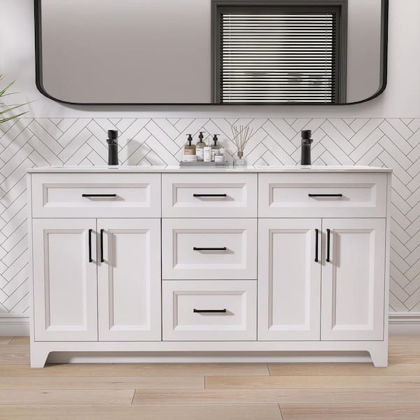 60 in. Double Sinks Freestanding White Bath Vanity with White Solid Surface Top and Basin Solid Wood Bathroom Cabinet