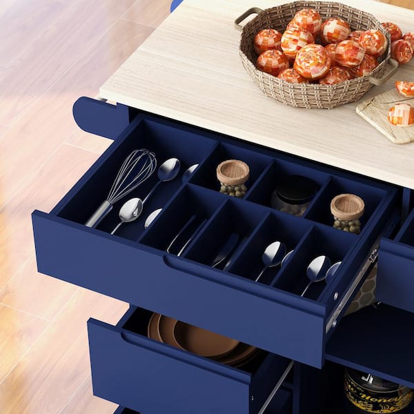 Blue Wood Countertop 53.15 in. Kitchen Island Cart, 8-Drawers, 1-Flatware Organizer and 5-Wheels