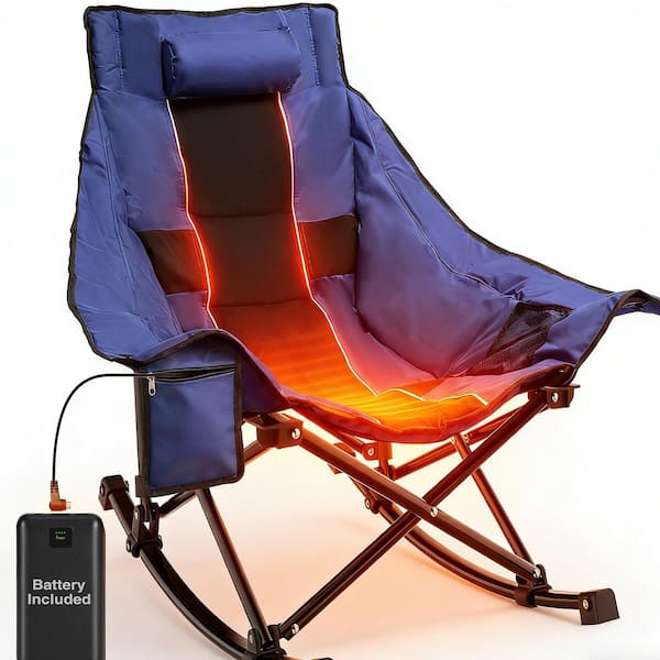 Blue and Black Oversized Heated Rocking Camping Chair, Portable Folding Heated Chairs Outdoor Sports with Power Bank