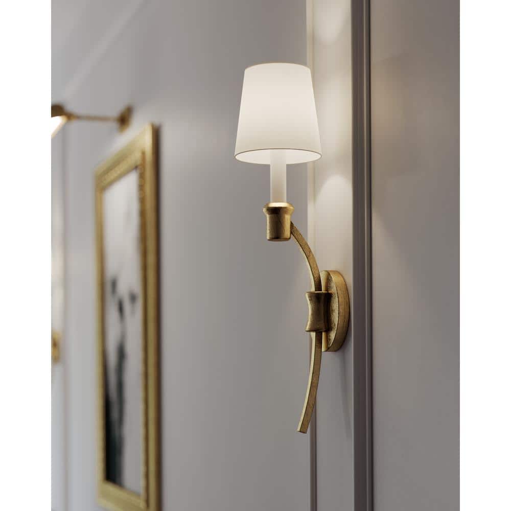Antique Gild Steel Wall Sconce with White Linen Shade