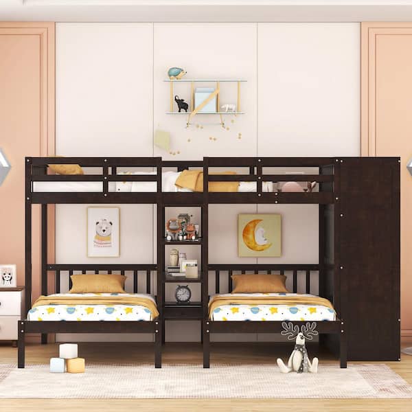 Harper & Bright Designs Espresso Full over Twin and Twin Wood Bunk Bed with Shelves, Wardrobe, Mirror and Drawers