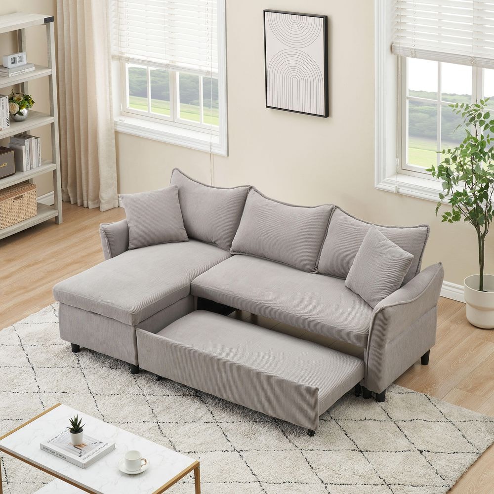 Gray 80 in. Corduroy Chenille L-Shaped 3-Seater Full Size Sofa Bed with Pul