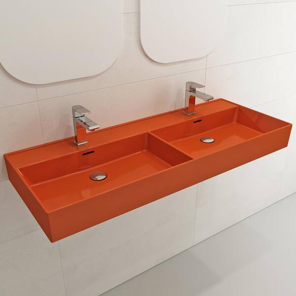 BOCCHI Milano Wall-Mounted Orange Fireclay Rectangular Double Bowl for Two 1-Hole Faucets Vessel Sink with Overflows