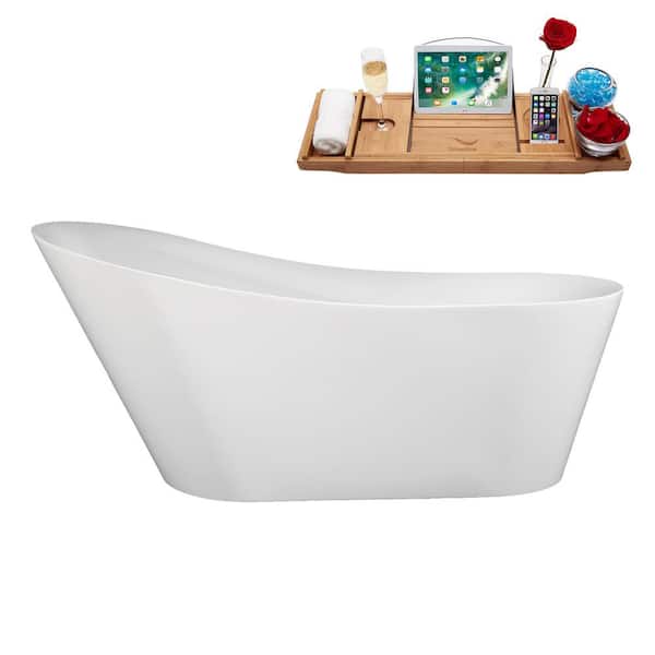 71 in. x 32 in. Acrylic Freestanding Soaking Bathtub in Glossy White With Polished Chrome Drain, Bamboo Tray