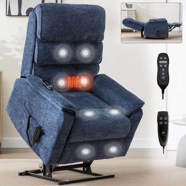 Blue Chenille Polyester Massage Chair Recliner with Electric Power Lift, 8-Point Vibration Massage and Lumbar Heating