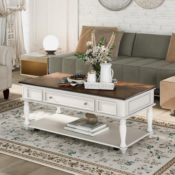 Qualler 47 .2 in. Antique White Rectangle Wood Coffee Table with Caster Wheels