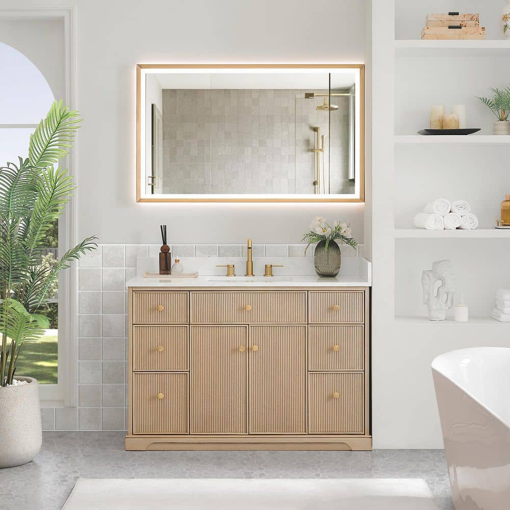 Barnett 48 in. Single Freestanding Natural Oak Bath Vanity with Grain White Engineered Stone Top Assembled price history on PriceWatchPro