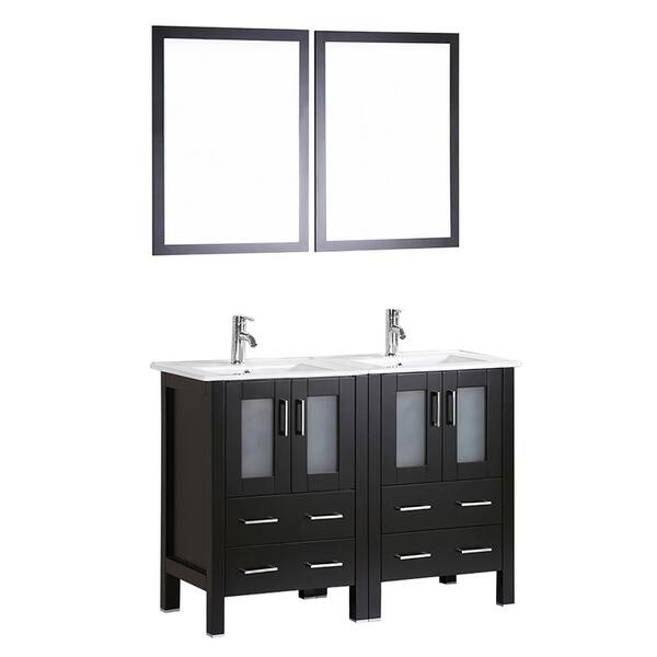 Bosconi 48 in. W Double Bath Vanity in Espresso with Ceramic Vanity Top with White Basin and Mirror