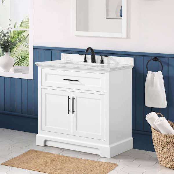 Doveton 36 in. Single Sink Freestanding White Bath Vanity with White Engineered Marble Top (Assembled)