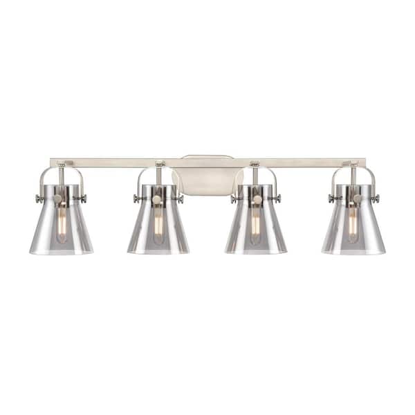 Innovations Pilaster II Cone 36.5 in. 4-Light Satin Nickel Vanity Light with Glass Shade