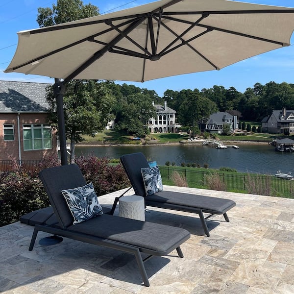 Chaise Lounge Gray 2-Pieces Metal Outdoor Recliner W/ Slide-Out Side Table with Cushion Adjustable Backrest