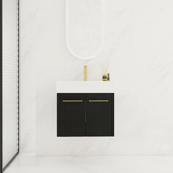 Unbranded 24 in. W x 18 in. D x 22 in. H Single Sink Wall-Mounted Bath Vanity in Black with White Cultured Marble Top