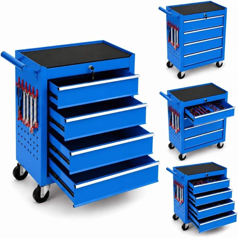 24.5 in. Blue 4-Drawer Rolling Tool Chest Tool Storage Cabinet with Lock, Side Hooks & Wheels for Garage Workshop price history on PriceWatchPro