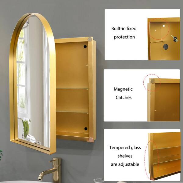 Tenleaf 24 in. W x 36 in. H Arched Recessed Metal Medicine Cabinet with Mirror and Adjustable Shelves in Matte Gold