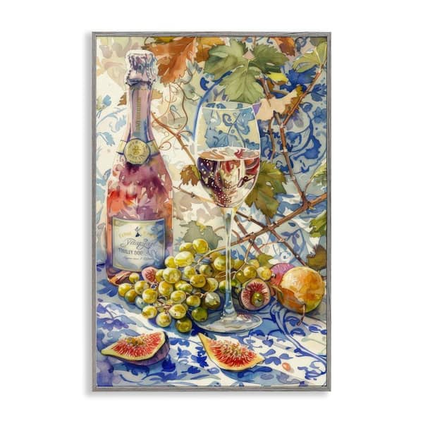 Stupell Industries Grapes and Wine Bottle by LSR Design Studio Gray Framed Food Giclee Art Print 18 in. x 12 in.