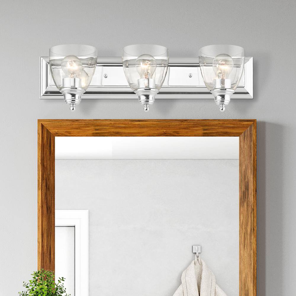 Elegant Polished Chrome 3-Light Vanity Sconce with Hand Blown Glass Shades