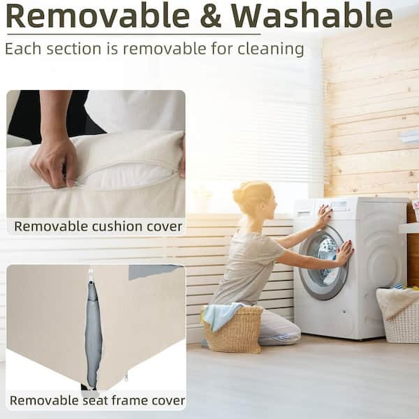 Sofa Covers Washable, Lawson 134 in. Square Arm Chenille U-Shaped Sofa with Ottoman, Deep Seater Furniture Set in Beige