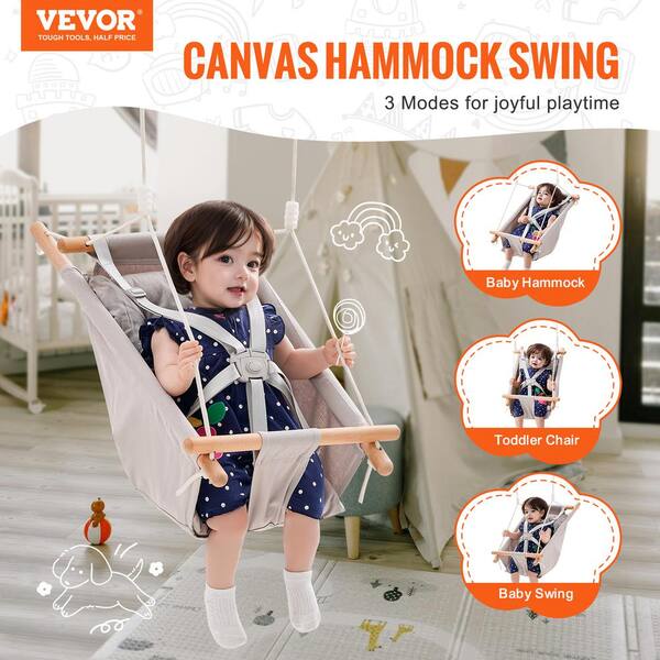 CaTeam - Canvas Baby Swing, Wooden Hanging Swing Seat Chair Safety Belt Durable Chair Outdoor Indoor Kids Mounting Hardware Included Dark Gray C35