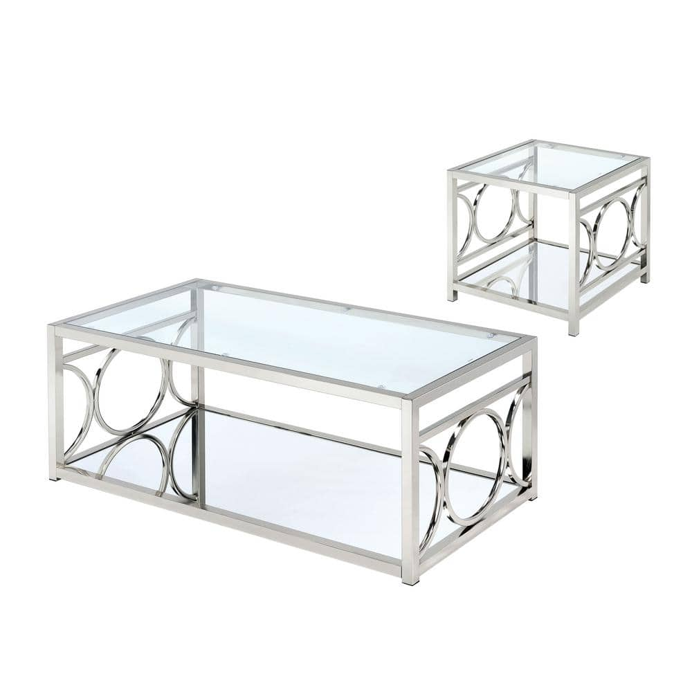 Innedia 2-Piece 47.25 in. Chrome Rectangle Glass Coffee Table Set with 1-Shelf -  Furniture of America, IDF-4166CRM-2PC