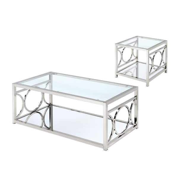 Furniture of America Innedia 2-Piece 47.25 in. Chrome Rectangle Glass Coffee Table Set with 1-Shelf