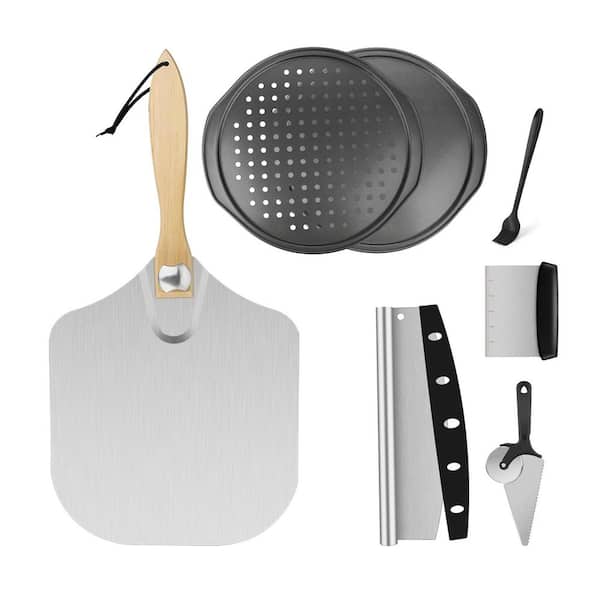Aluminum Pizza Peel Set w 12"x14" Spatula, Rocker Cutter, Scraper, Pie Server, Oil Brush, Pizza Oven Accessories