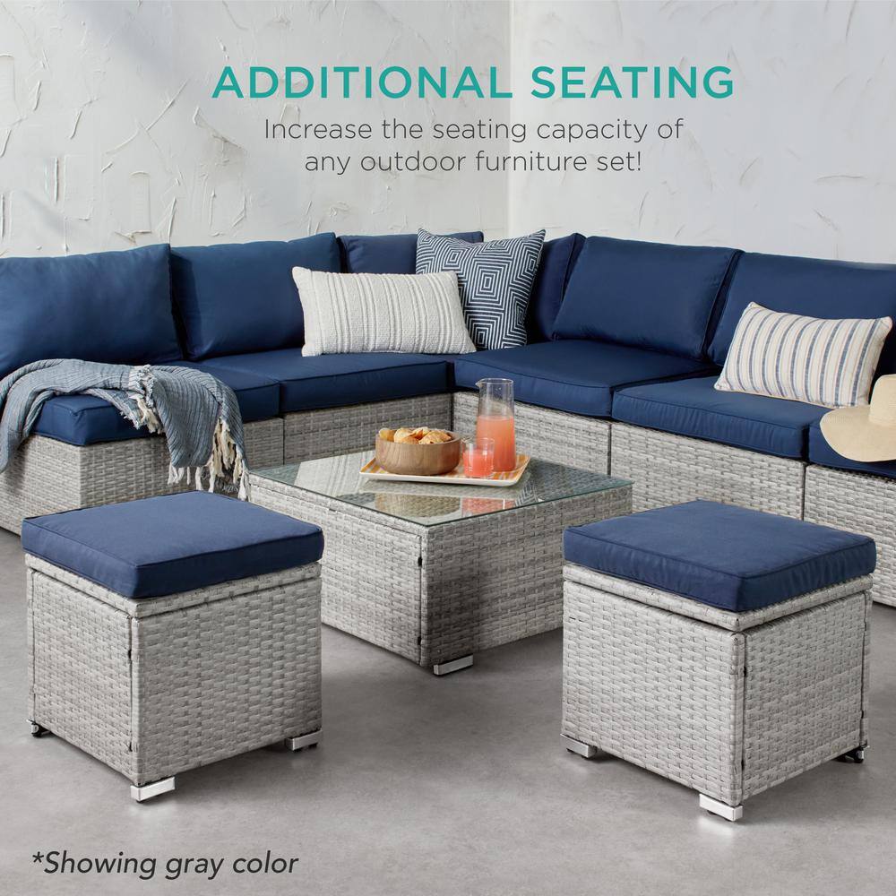 Brown Steel Frame Outdoor Wicker Ottomans with Beige Cushions