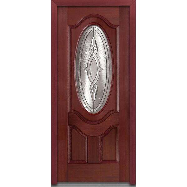 MMI Door 36 in. x 80 in. Brentwood Left-Hand 3/4 Oval Lite 2-Panel Deluxe Classic Stained Fiberglass Mahogany Prehung Front Door