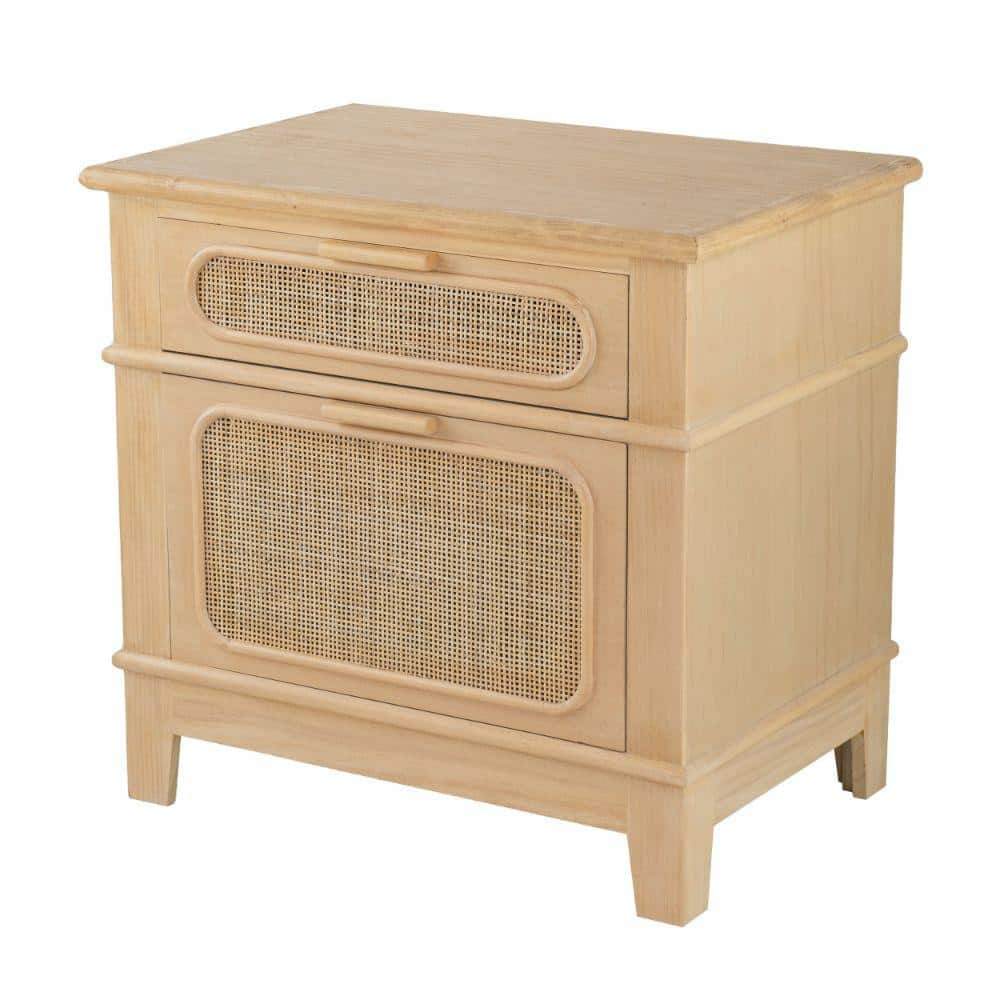 Benjara 27.5 In. Brown Rectangular Wood End Table With 2-Rattan Drawers ...