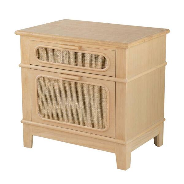 Benjara 27.5 in. Brown Rectangular Wood end table with 2-Rattan Drawers