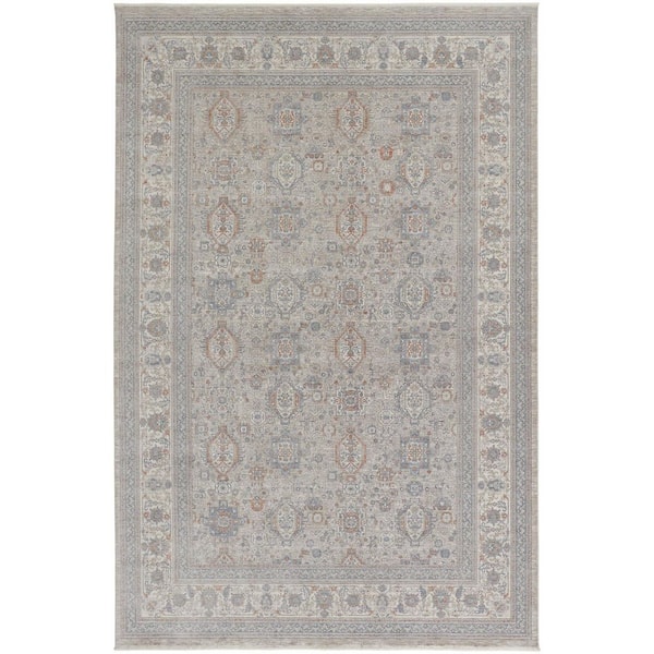12 ft. x 15 ft. Silver Taupe and Blue Oriental Power Loom Worn Faded Area Rug With Fringe