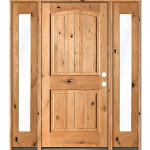 58 in. x 80 in. Rustic Knotty Alder Arch clear stain Wood w.V-Groove Left Hand Single Prehung Front Door/Full Sidelites