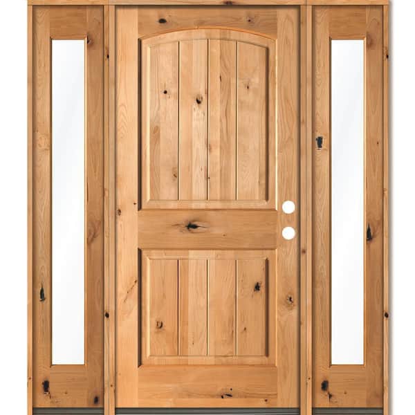 Krosswood Doors 70 in. x 80 in. Rustic Knotty Alder Arch clear stain Wood w.V-Groove Left Hand Single Prehung Front Door/Full Sidelites