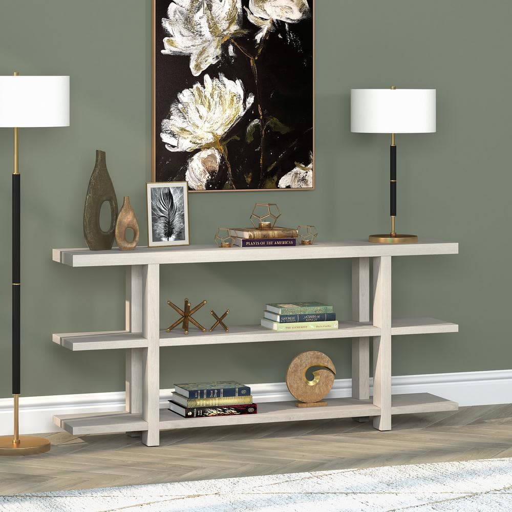 Alder White 64" Rectangular Console Table with Storage Shelves