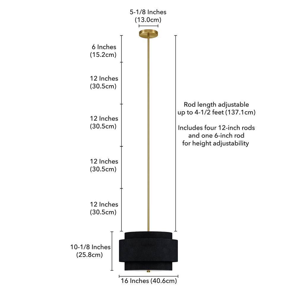 Brass and Black Double Drum Pendant Light with Fabric Shade
