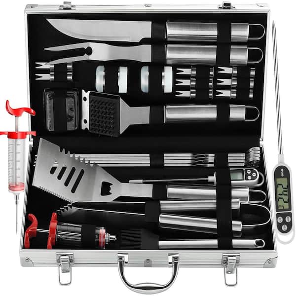 24-Piece BBQ Grill Tools Set w/ Meat Thermometer and Injector, Extra Thick Stainless Steel Fork Spatula and Tongs Silver