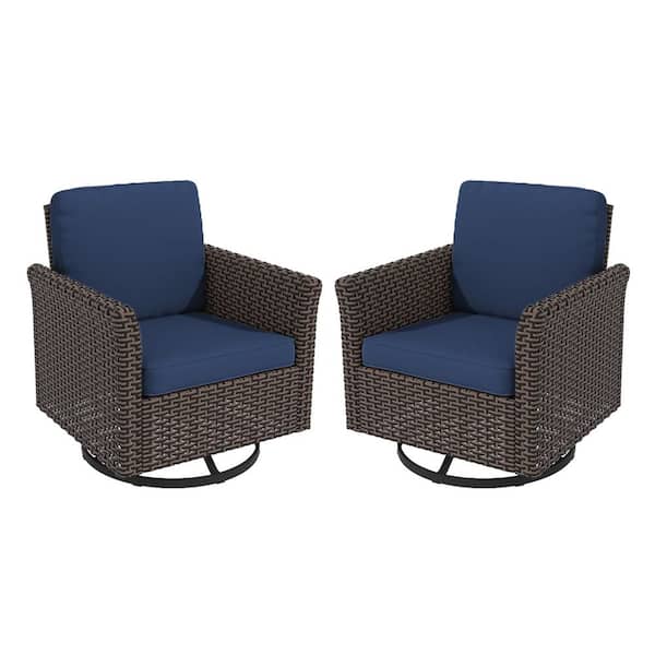 LATTOY Wicker Outdoor Rocking Chair Patio Swivel with Blue Cushions (2-Pack)