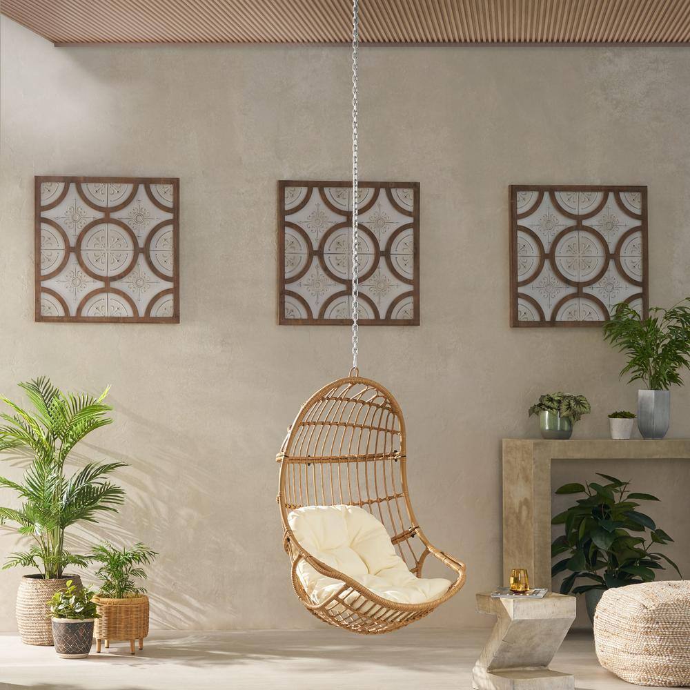 Light Brown and Beige Faux Rattan Hanging Chair with Cushions