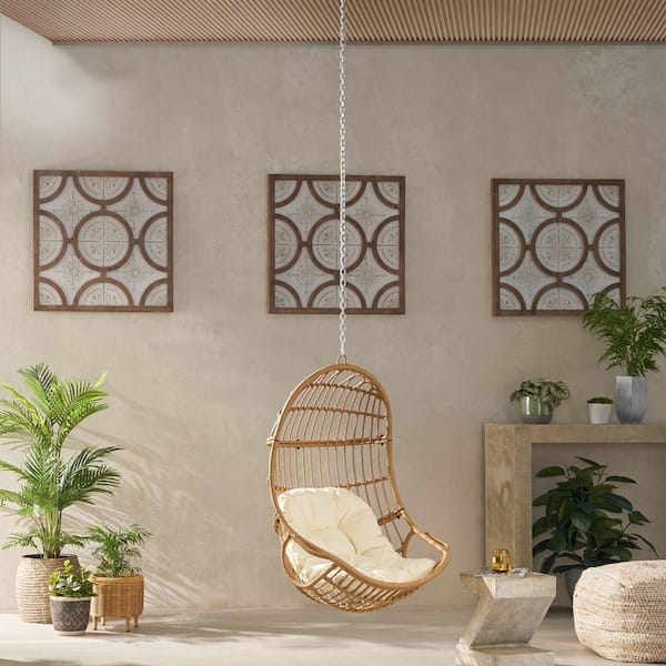 Noble House Richards Wicker Hanging Chair No Stand in Light Brown and Beige