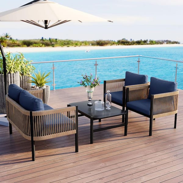 4 Piece Outdoor Garden Rattan Decorative Metal Sofa Set with Table and Blue Cushions