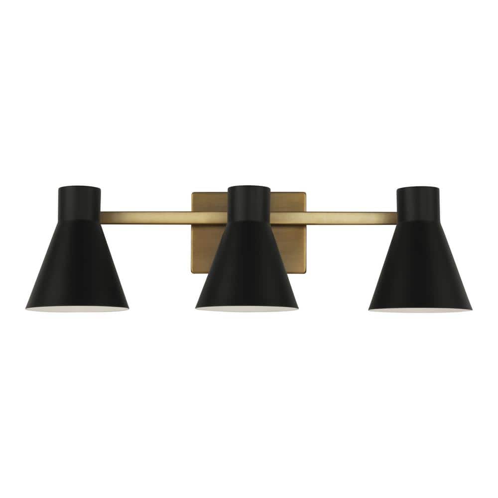 Towner 25 in. 3-Light Satin Brass Modern Contemporary Wall Bathroom Vanity Light with Black Metal Shades and LED Bulbs price history on PriceWatchPro