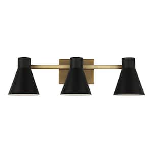 Towner 25 in. 3-Light Satin Brass Modern Contemporary Wall Bathroom Vanity Light with Black Metal Shades and LED Bulbs