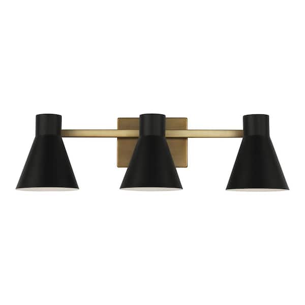 Generation Lighting Towner 25 in. 3-Light Satin Brass Modern Contemporary Wall Bathroom Vanity Light with Black Metal Shades and LED Bulbs