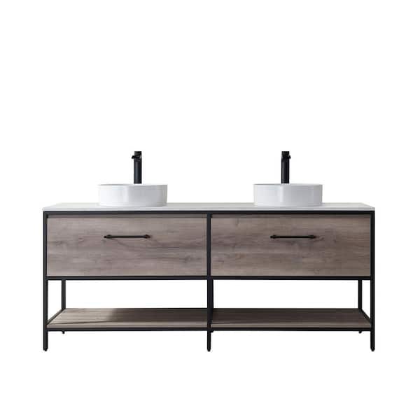 ROSWELL 72.5 in. W x 22.2 in. D x 30.6 in. H Bath Vanity in Moxican Oak with White Stone Grain Composite Top and Vessel Sink