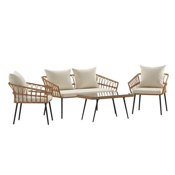 TAYLOR + LOGAN Natural/Cream 4-Piece Wicker/Rattan Patio Conversation Set