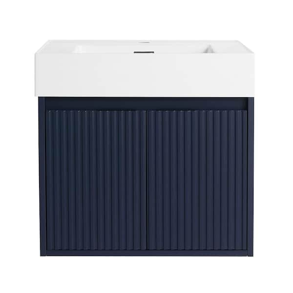 JimsMaison 24 in. W Single Sink Wall Mounted Bath Vanity in Navy Blue with White Resin Top