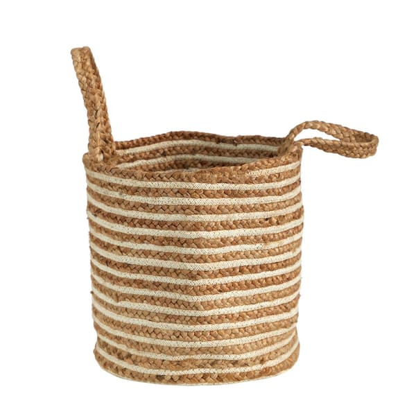 Nearly Natural 14 in. Beige Jute and Striped Natural Cotton Boho Chic Basket Planter Handwoven with Handles