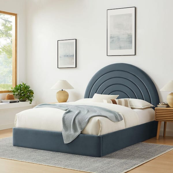 MODWAY Solana Blue Wood Frame Queen Platform Bed with Arch-Shaped Headboard
