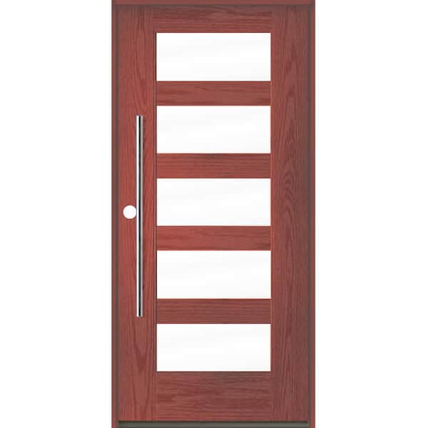 Krosswood Doors Modern Faux Pivot 36 in. x 80 in. 5 Lite Right-Hand/Inswing Clear Glass Redwood Stain Fiberglass Prehung Front Door