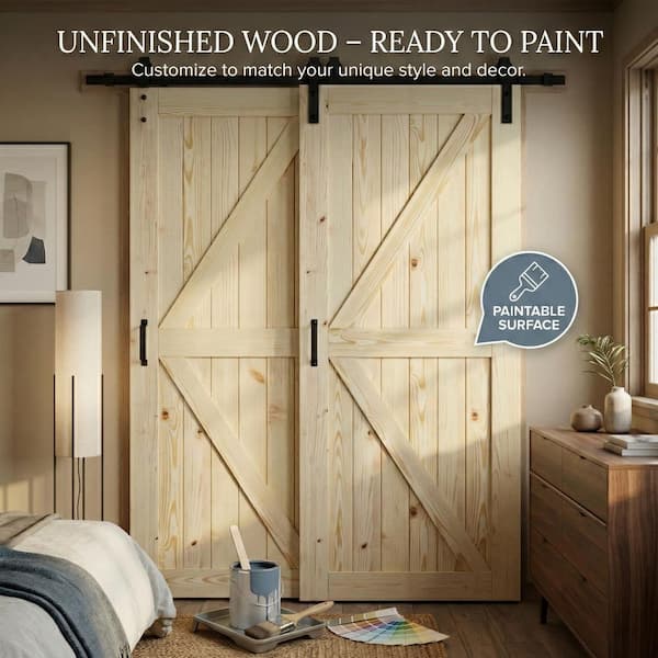 65 in. x 80 in. (2-36 in.) K-Style Wood Unfinished Assembly Required Spruce Bypass Sliding Barn Door with Hardware Kit